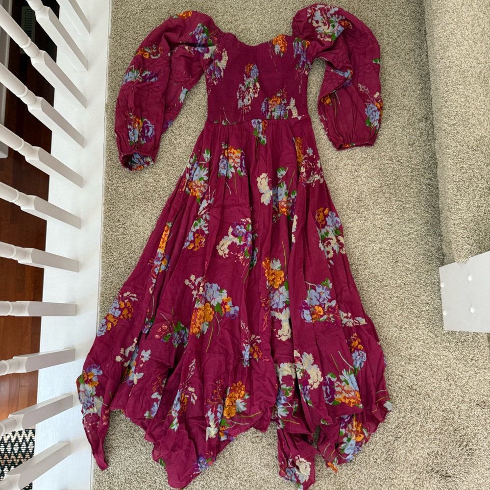 NWT Free People Floral Smocked Long Sleeve Maxi Dress Burgundy XS - Picture 2 of 4